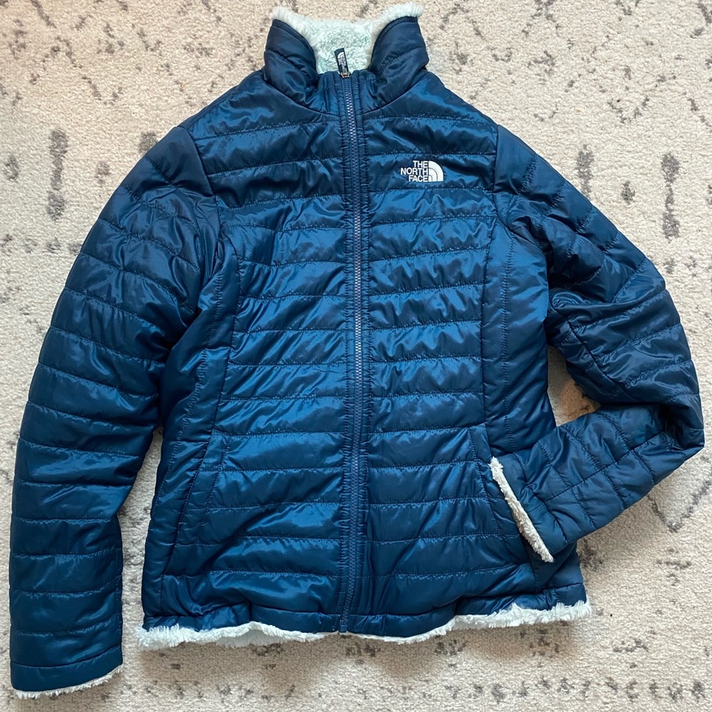 North Face Puffer Girls XL (18) Blue Reversible Deep Pile Fleece
